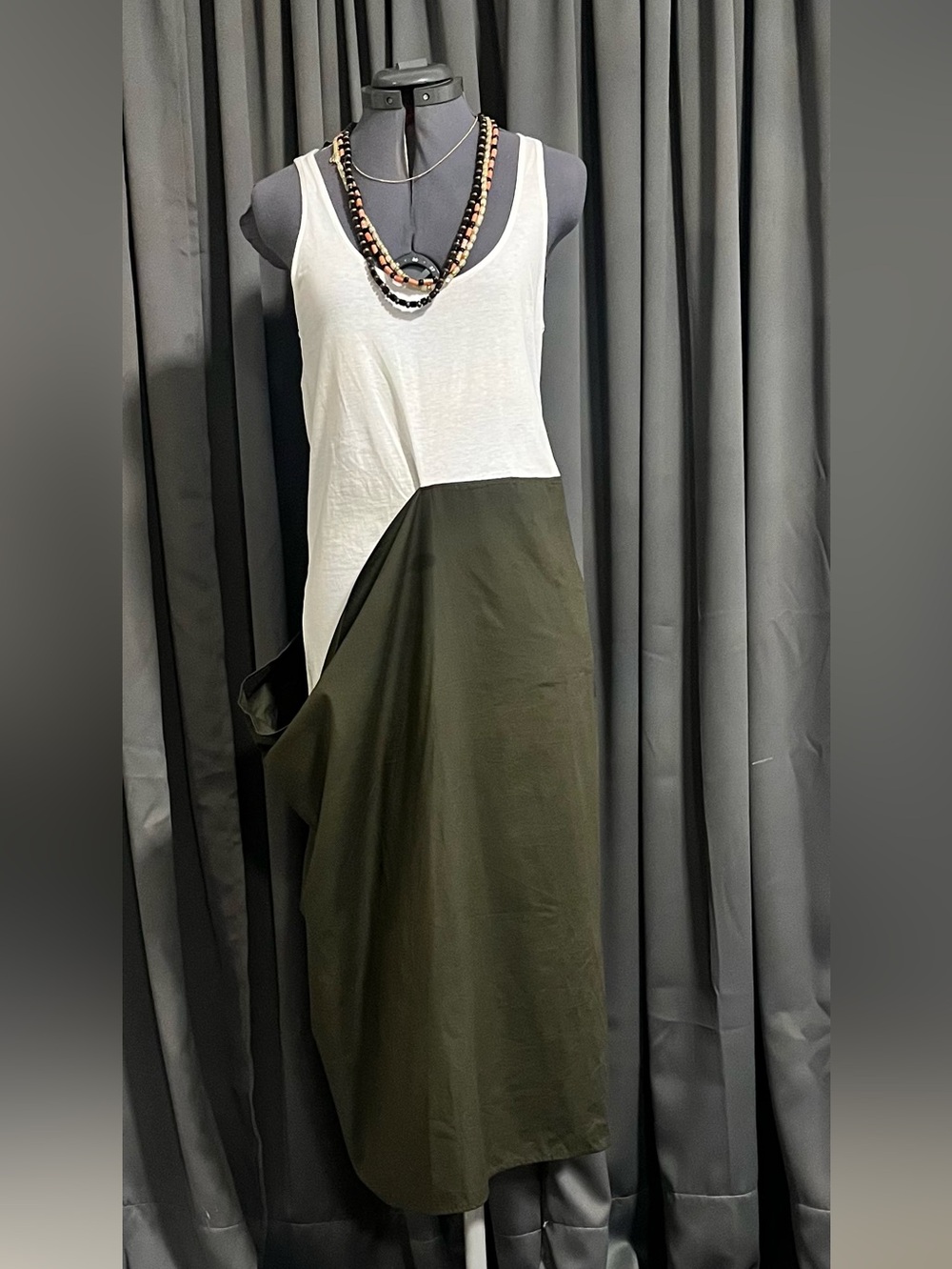 Zara Olive Green & White Two-Tone Maxi Skirt Dress